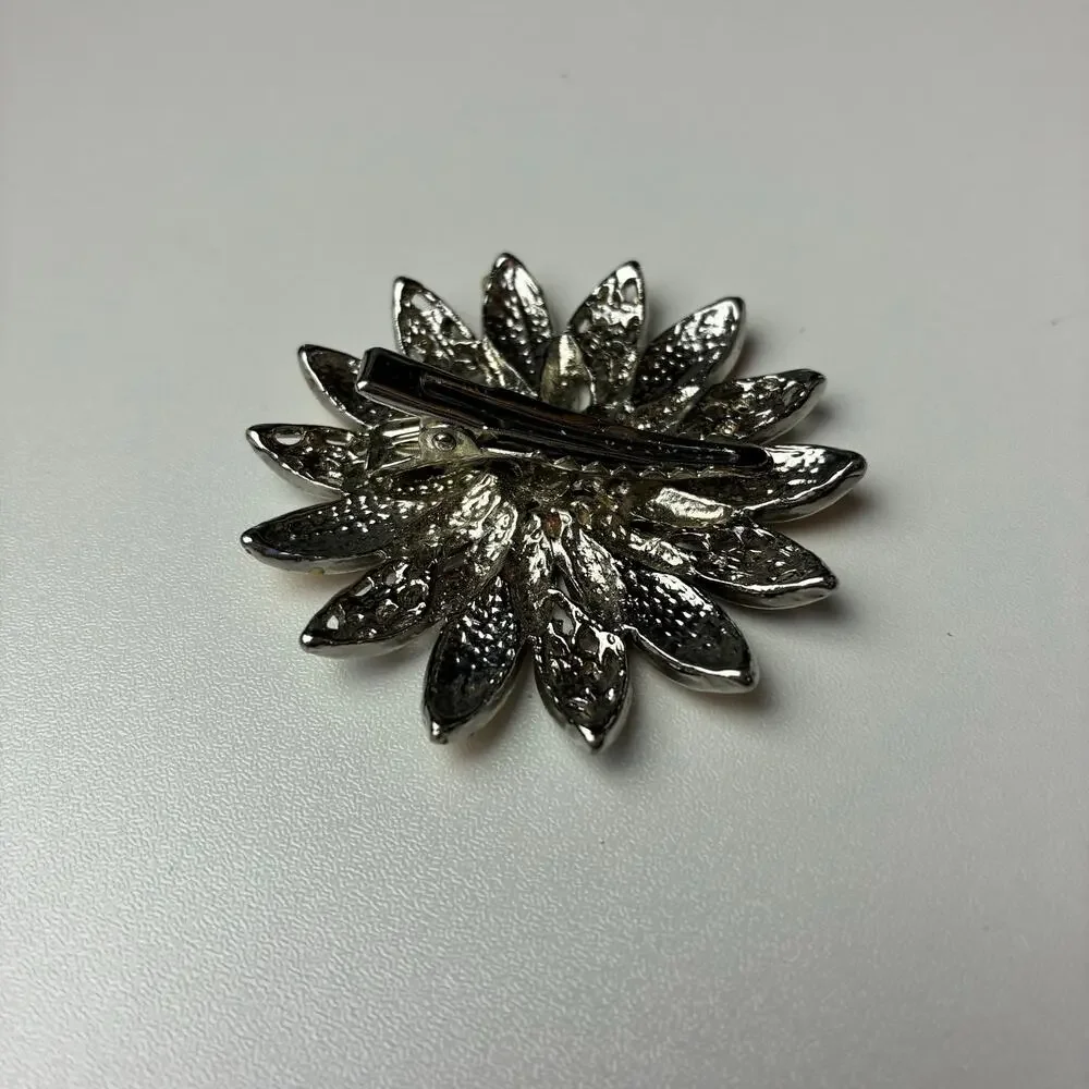Vintage Flower Brooch Hair Clip Enameled Rhinestone Pink Orange Sparkle Feminine
